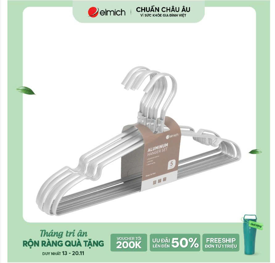 Bộ móc áo nhôm bản to cao cấp 5 chiếc Elmich EL1060     